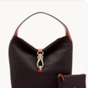 Dooney and bourke lock logo bag in black with pouch and keychain.